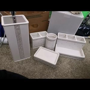 Set of White Rhinestone Bathroom Accessories